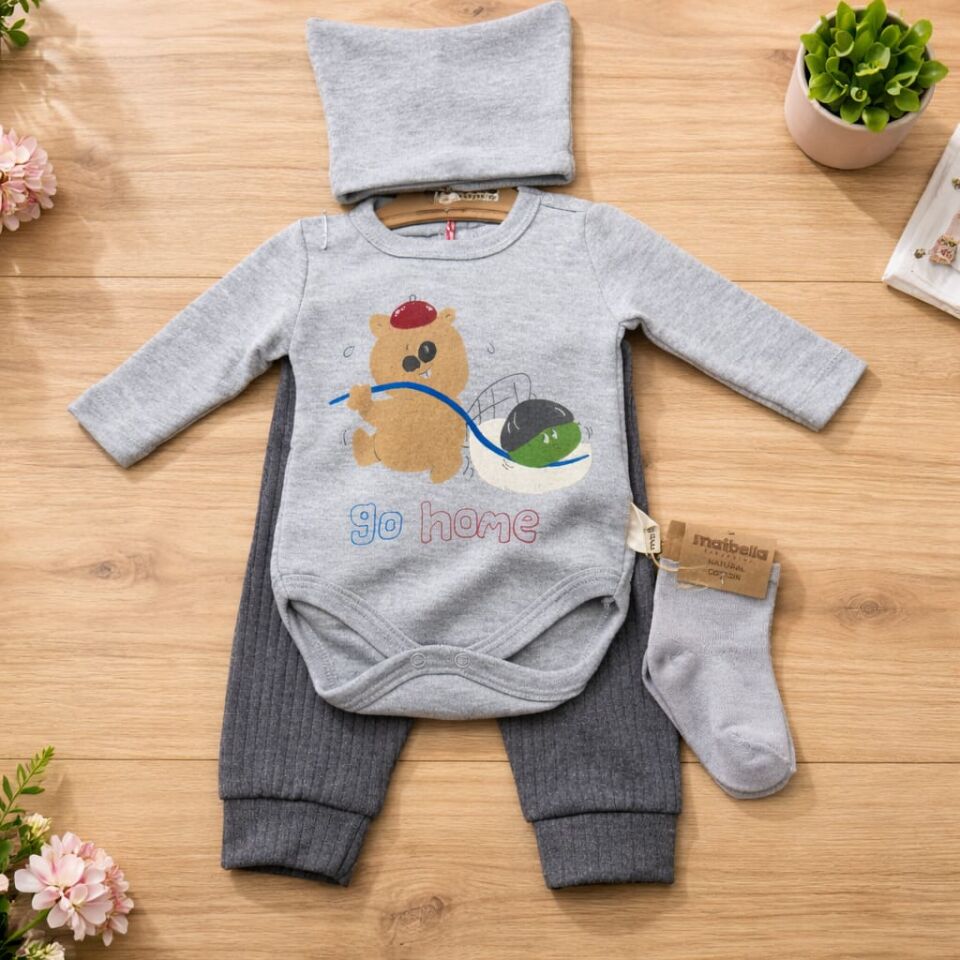 Go Home Ayıcık Baskılı 4’lü Bebek Takımı – Gri Antrasit