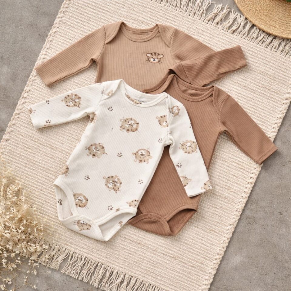 Pamuklu 3’lü Uzun Kollu Bebek Body Seti – Kaplan Desenli