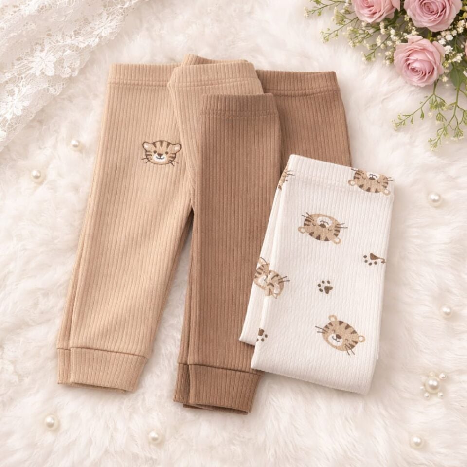 Pamuklu 3’lü Kaplan Desenli Bebek Pantolon Seti – Bej Kahve