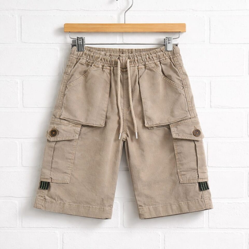 Bej Kahve Tonlu Erkek Çocuk Kargo Şort – Cepli Model