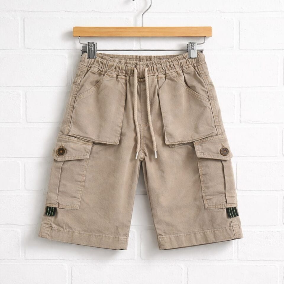 Bej Kahve Tonlu Erkek Çocuk Kargo Şort – Cepli Model