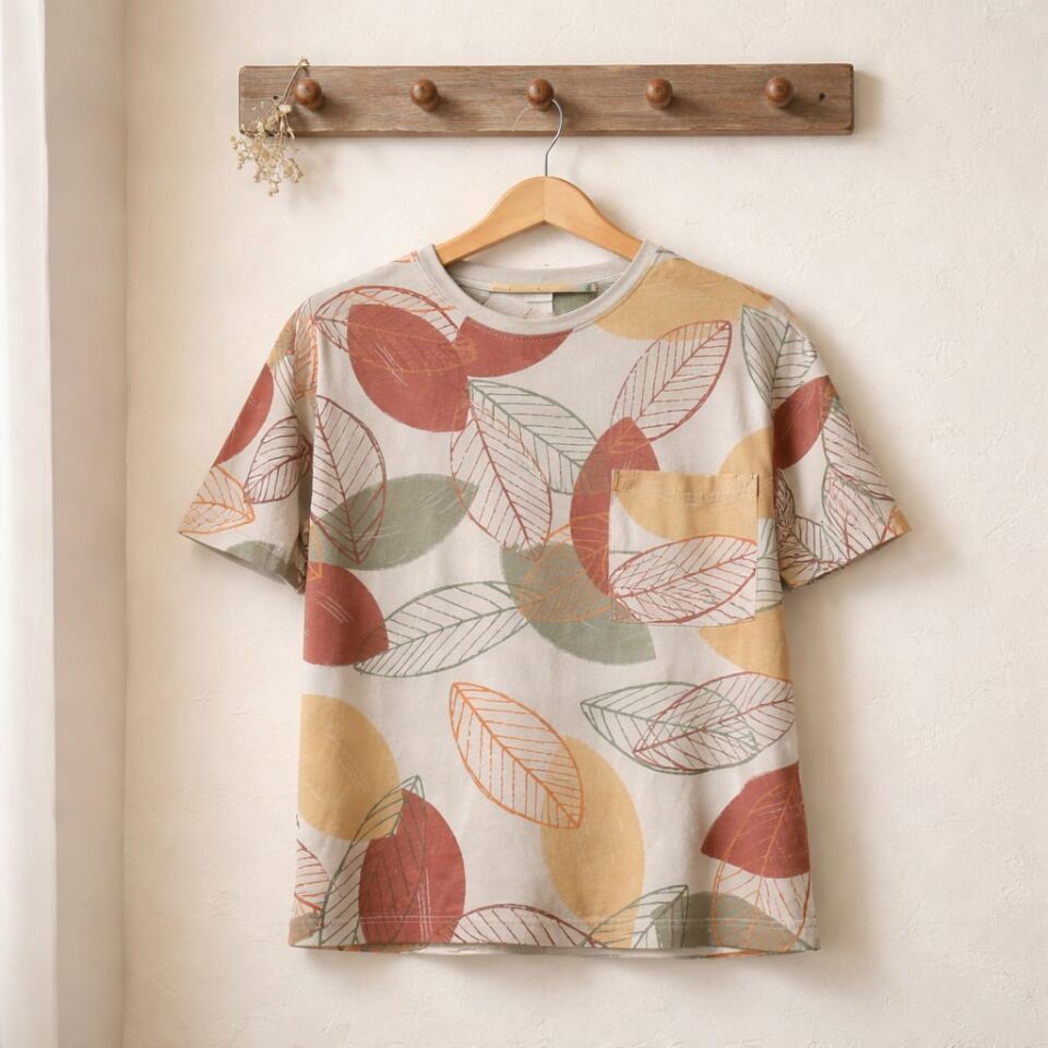 Yaprak Desenli Erkek Çocuk Tişört – Bej Zemin