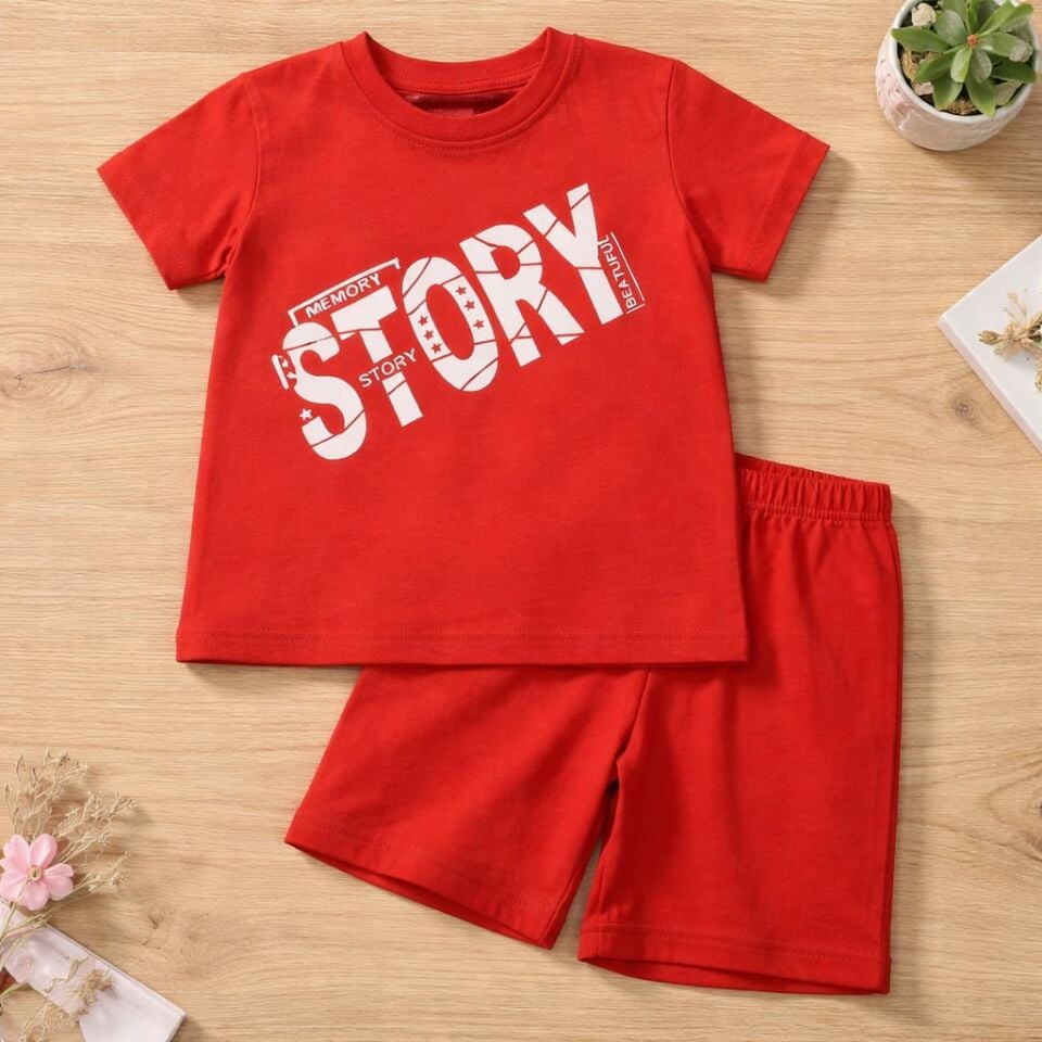 Erkek Çocuk - STORY- Baskılı Kırmızı Şortlu Takım
