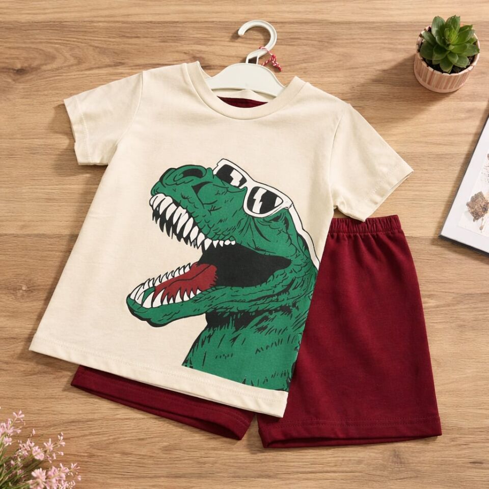 Erkek Çocuk Dinozor Baskılı Tişört & Şort Takım – Bej & Bordo