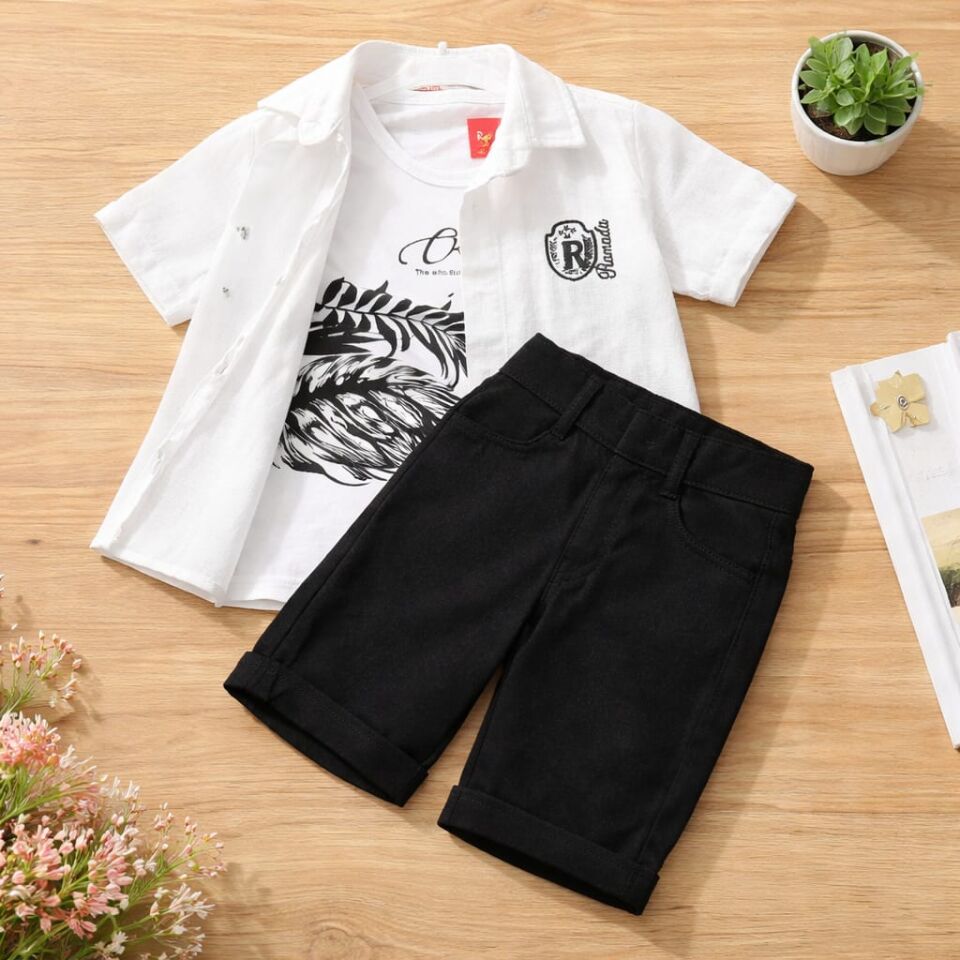 Erkek Çocuk Müslin Gömlekli 3’lü Şort Takım