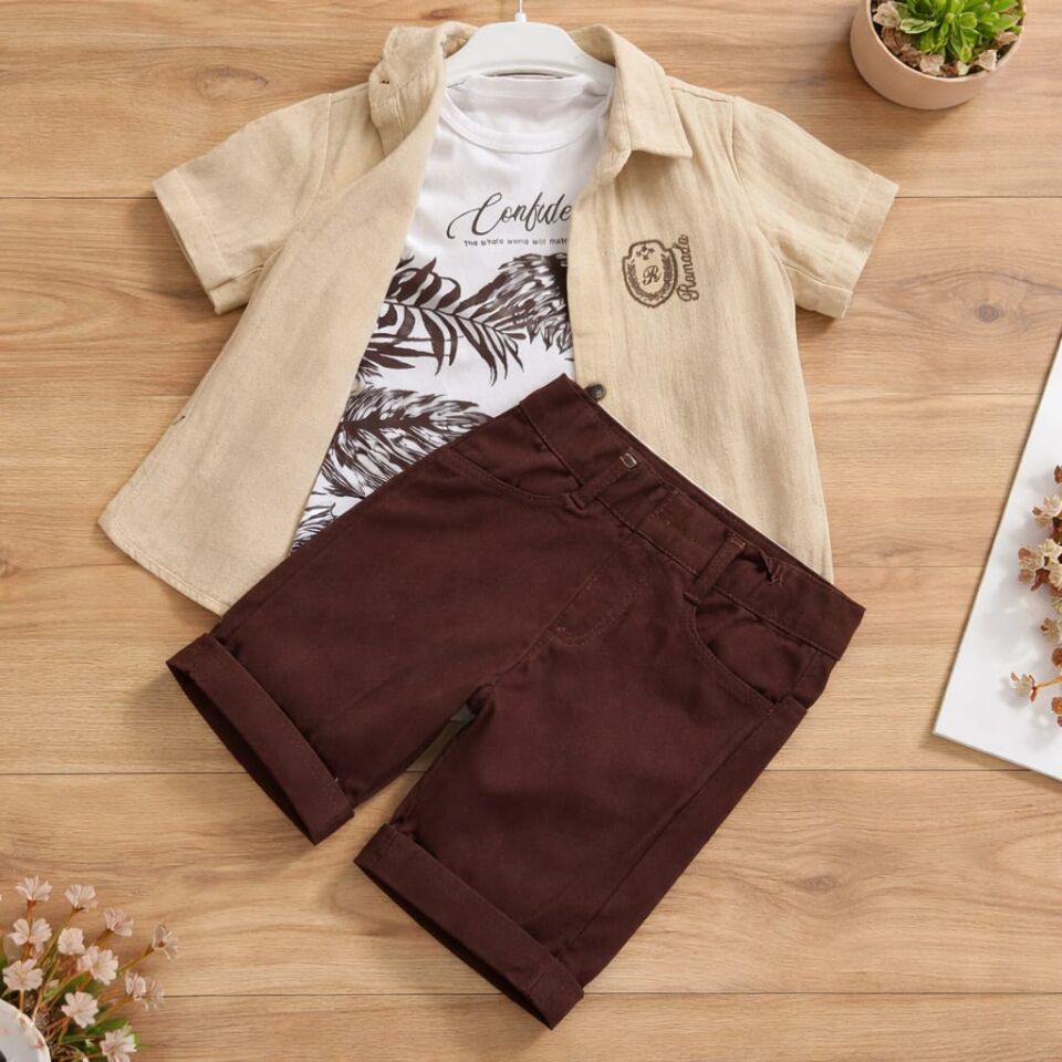 Erkek Çocuk Müslin Gömlekli 3’lü Şort Takım – Bej & Kahve