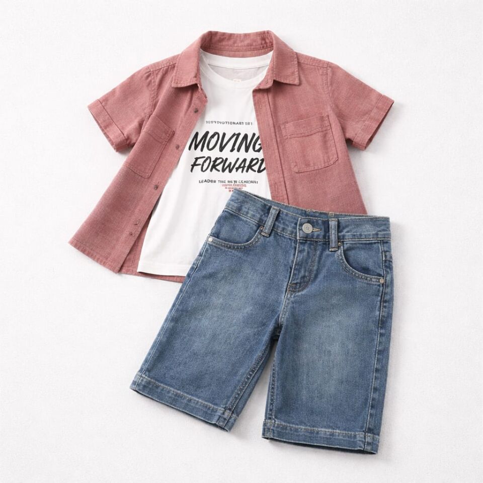 Erkek Çocuk 3’lü Gömlekli Kot Şort Takım – Gül Kurusu & Denim