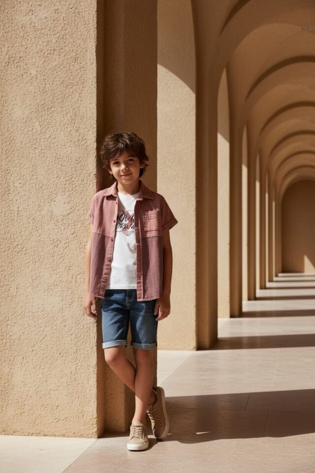 Erkek Çocuk 3’lü Gömlekli Kot Şort Takım – Gül Kurusu & Denim