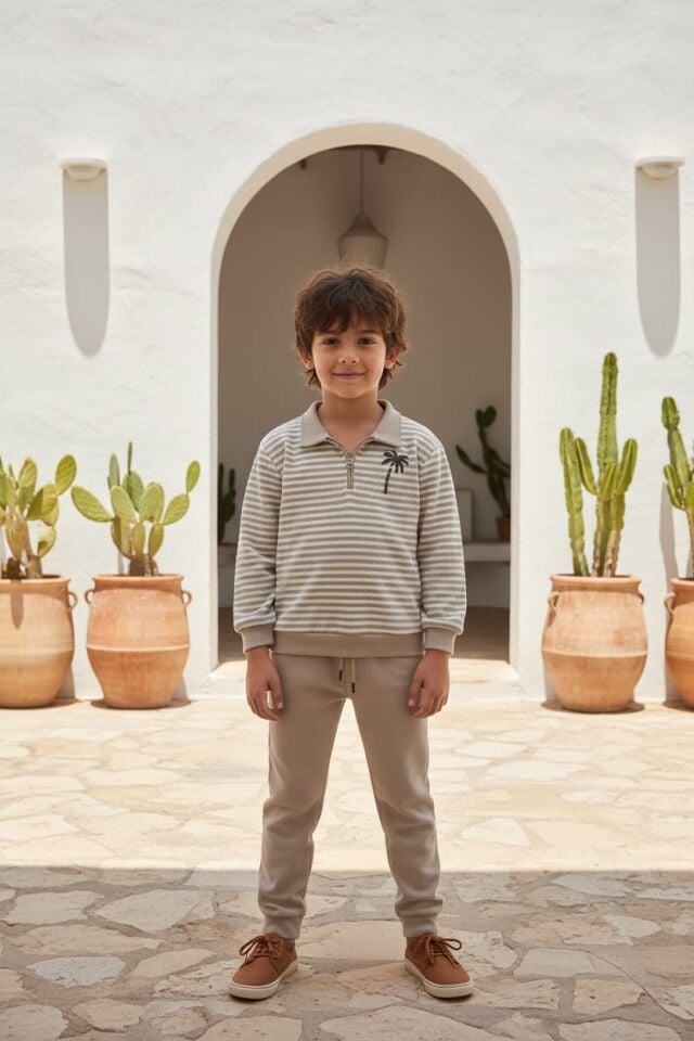 Çizgili Fermuarlı Eşofman Takımı – Bej