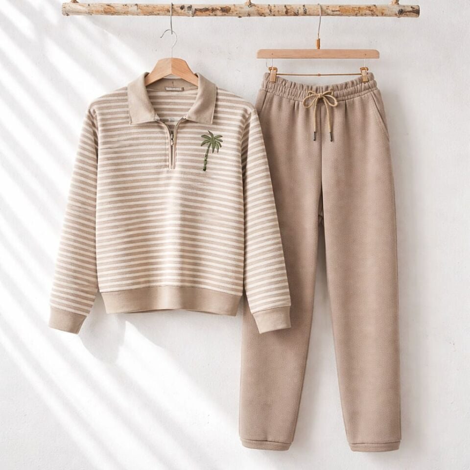 Çizgili Fermuarlı Eşofman Takımı – Bej