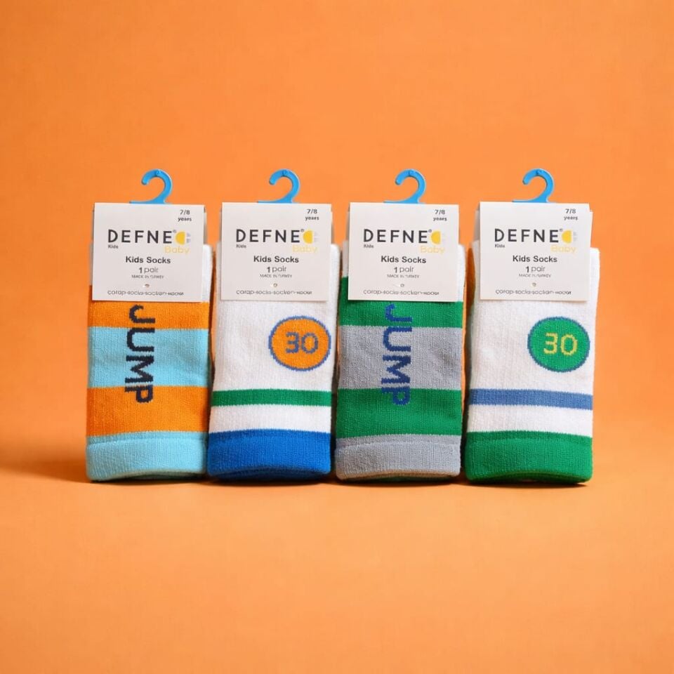 4’lü Tenis Çorabı Seti Turuncu-Mavi, Beyaz-Mavi, Gri-Yeşil ve Beyaz-Yeşil