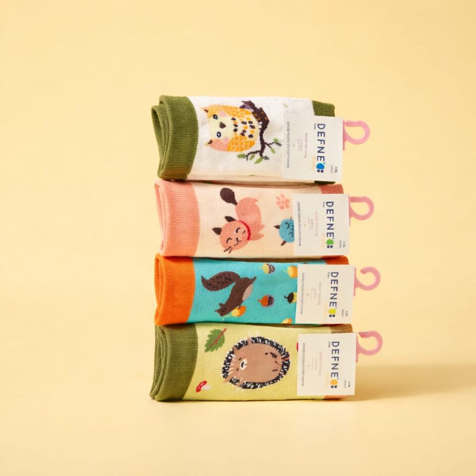 4’lü Çocuk Çorap Seti, Tavşan, Sincap ve Kirpi Baskılı