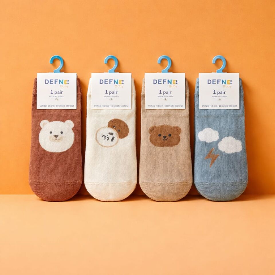 Kaydırmaz Tabanlı Sevimli Figürlü Motifli Çorap 4’lü Set – Kız & Erkek Çocuk