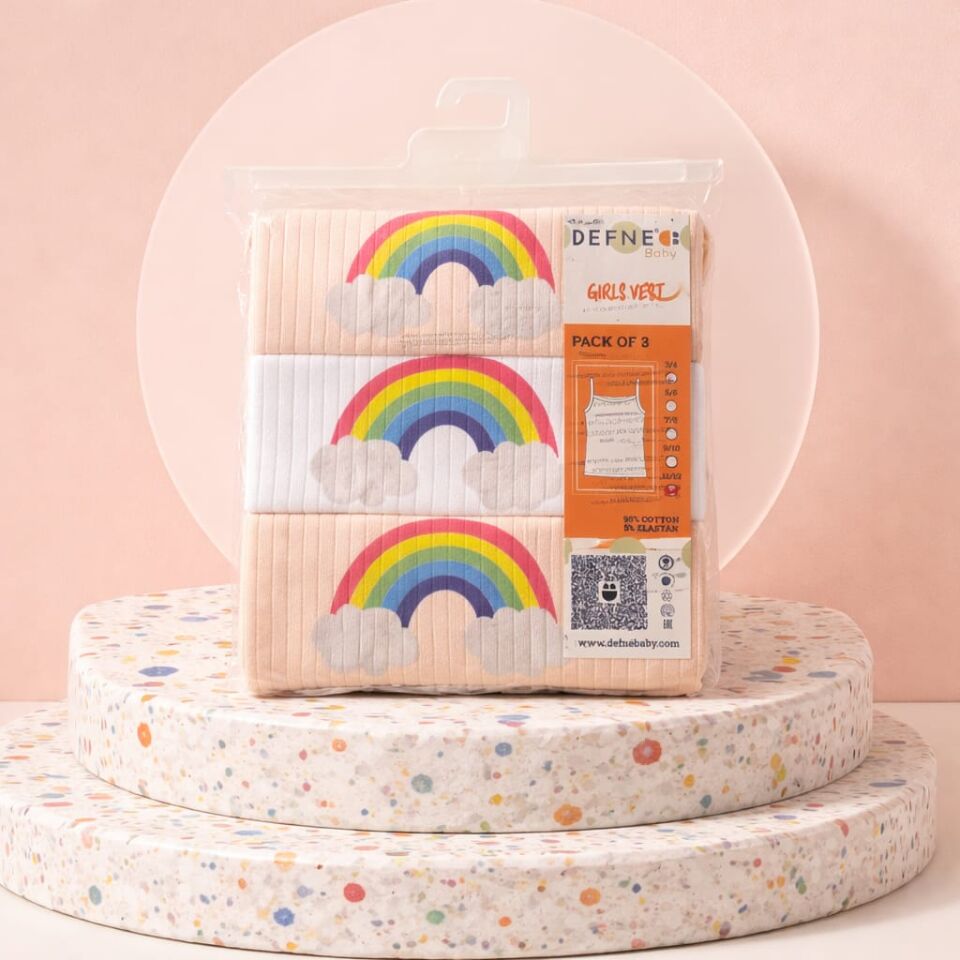 Kız Çocuk Gökkuşağı Baskılı İnce Askılı Atlet 3’lü Set