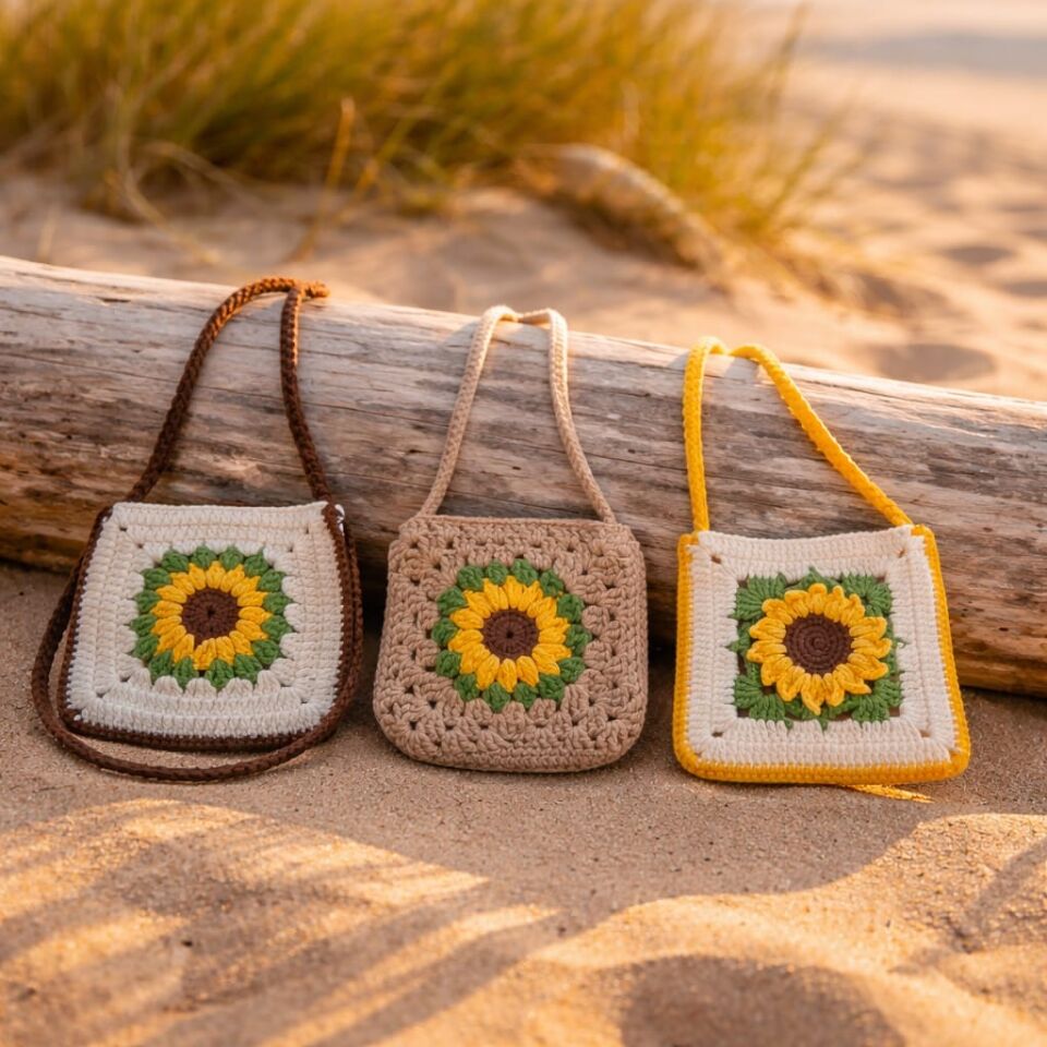 El Yapımı Özel Tasarım Ayçiçeği Motifli Örgü Çanta
