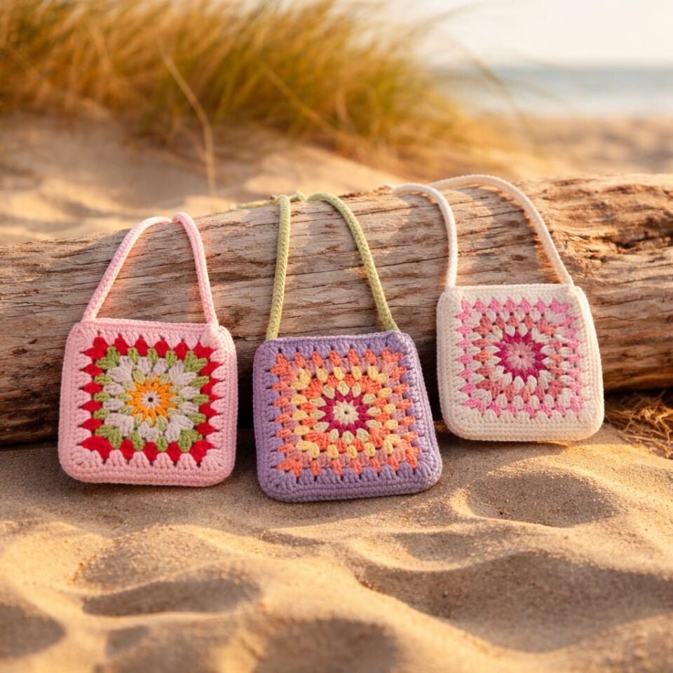 El Yapımı Özel Tasarım Granny Motifli Örgü Çanta