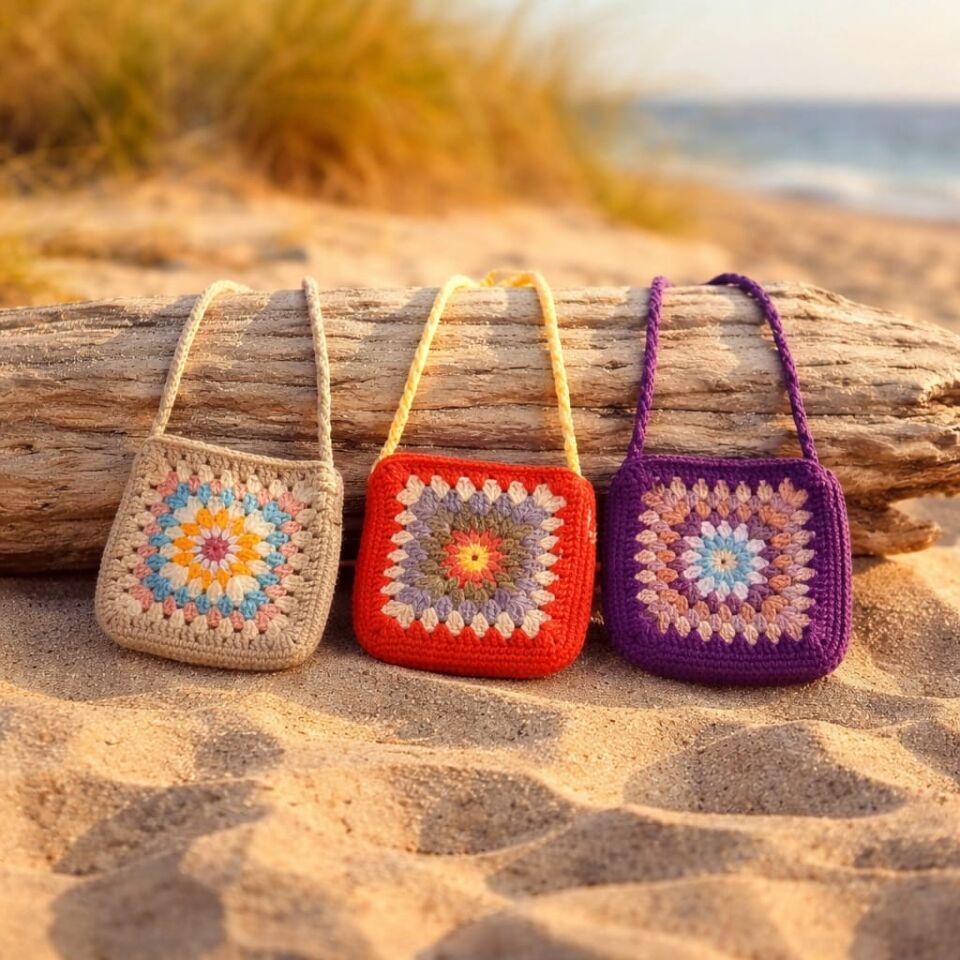 El Yapımı Özel Tasarım Granny Motifli Mini Örgü Çanta