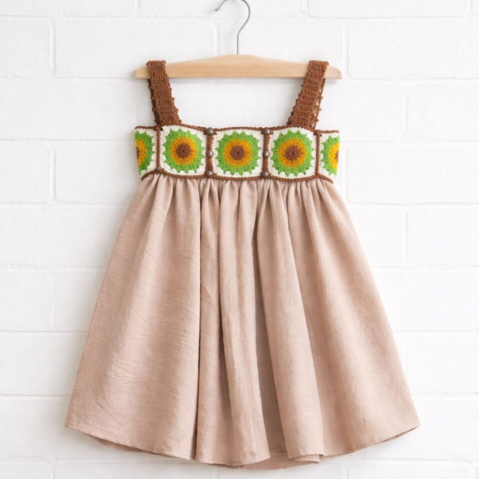 El Yapımı Özel Tasarım Ayçiçeği Motifli Bej Elbise