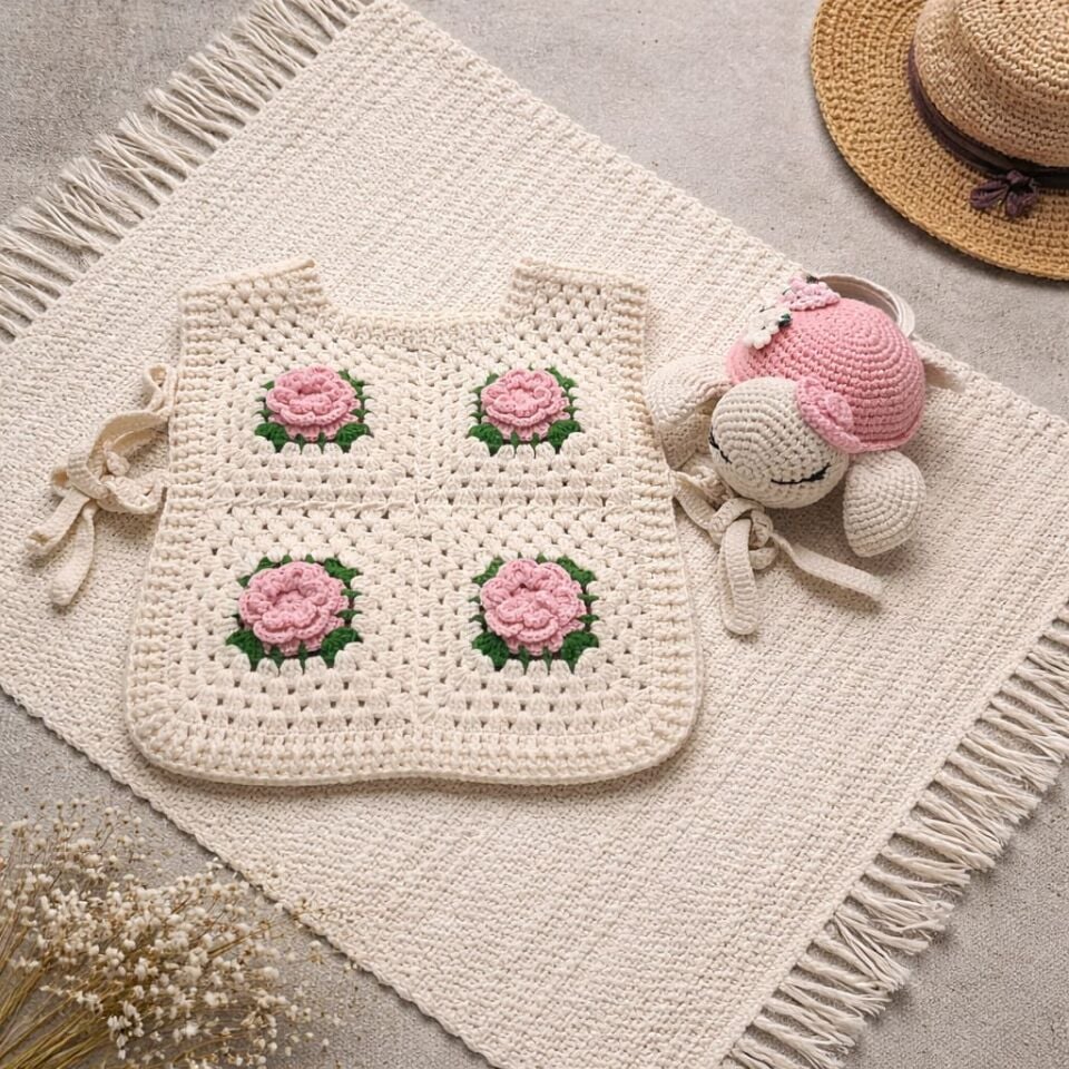 El Yapımı Özel Tasarım Güllü Örgü Bebek Üstü